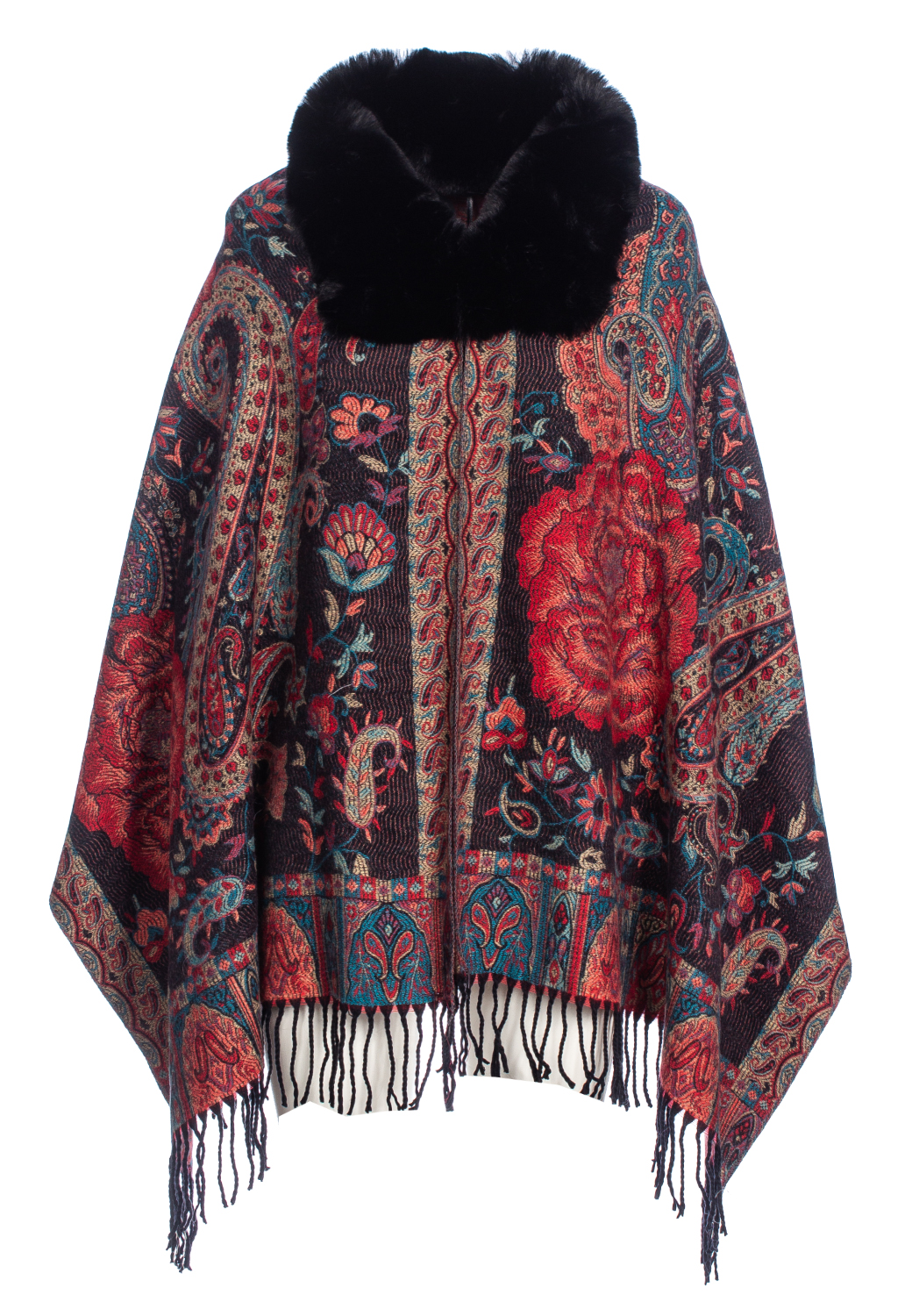 MANTELLA JACQUARD DIS. CASHMERE COLLO PELLICCIA SINTETICA 100%VI MADE IN PR   